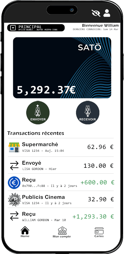Interface de l'application SATO affichant le solde du compte, les transactions récentes et les options permettant d'envoyer ou de recevoir des fonds